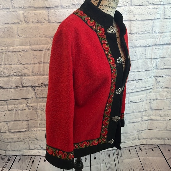 Vintage Boiled Wool Jacket Red with Embroidered Trim Metal Fasteners - Picture 5 of 10